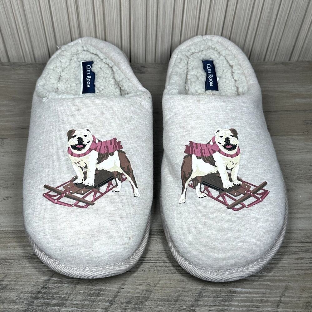Club Room Men's Faux Fur Comfy Slide Slippers Bulldog Print Size M (8-9)